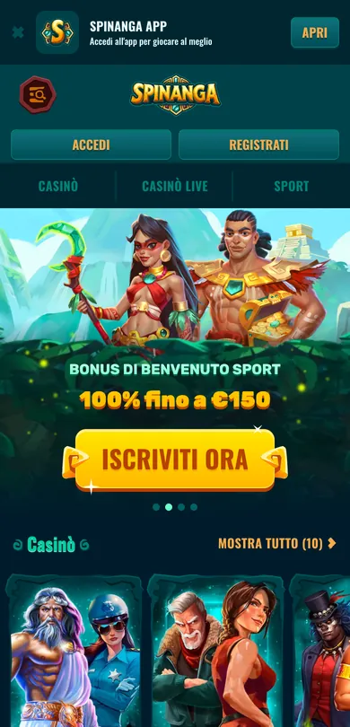 Home page mobile di Spinanga con il banner dell'app e il pulsante Apri