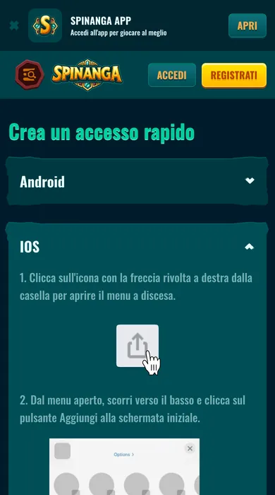 Pagina Crea un accesso rapido di Spinanga su mobile con le istruzioni Android e iOS aperte