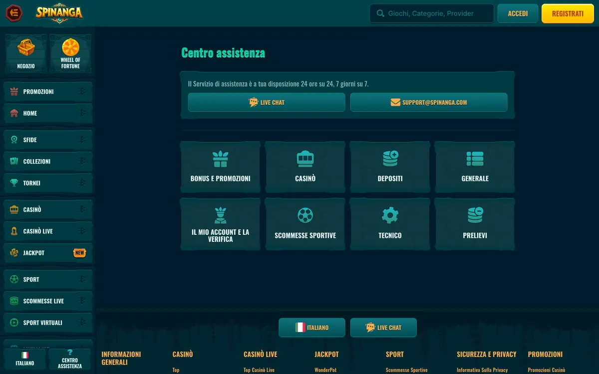 Centro assistenza di Spinanga con live chat ed e-mail di supporto