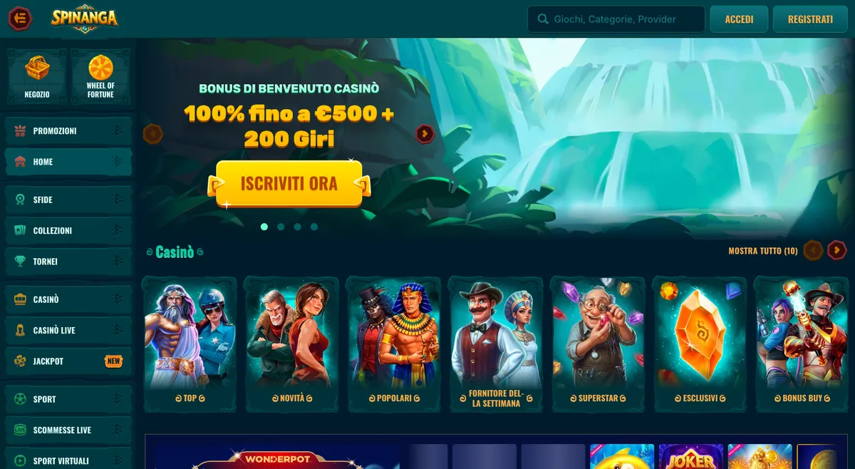 Home page italiana di Spinanga con il banner Bonus di benvenuto casinò 100% fino a 500 € + 200 giri e le categorie del casinò
