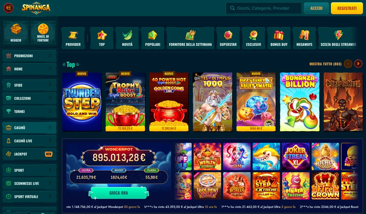 Sezione Casinò di Spinanga con i filtri per categoria e le slot Top in evidenza