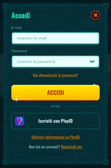 Modulo di accesso di Spinanga su mobile con campi e-mail e password