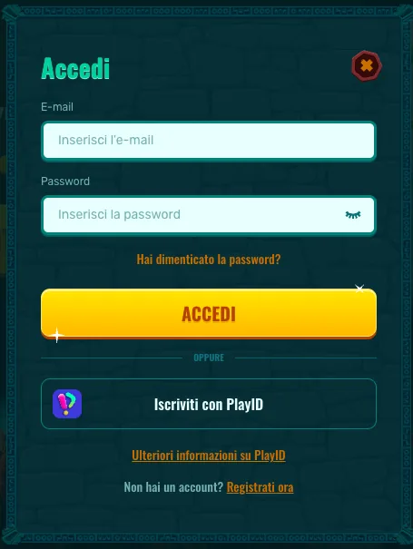 Modulo di accesso di Spinanga con campi e-mail e password