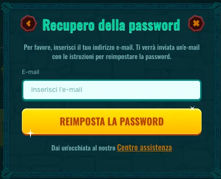 Schermata di recupero della password di Spinanga