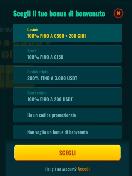 Finestra di scelta del bonus di benvenuto alla registrazione su Spinanga