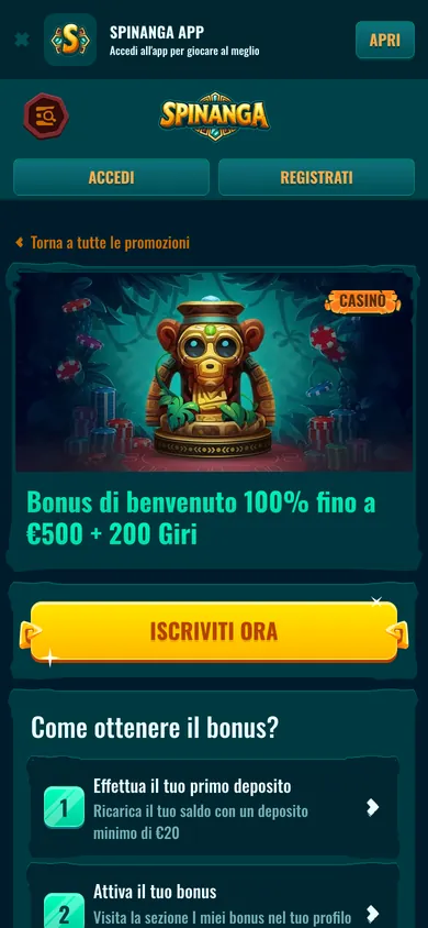Pagina del bonus di benvenuto casinò di Spinanga su mobile, 100% fino a 500 euro più 200 giri