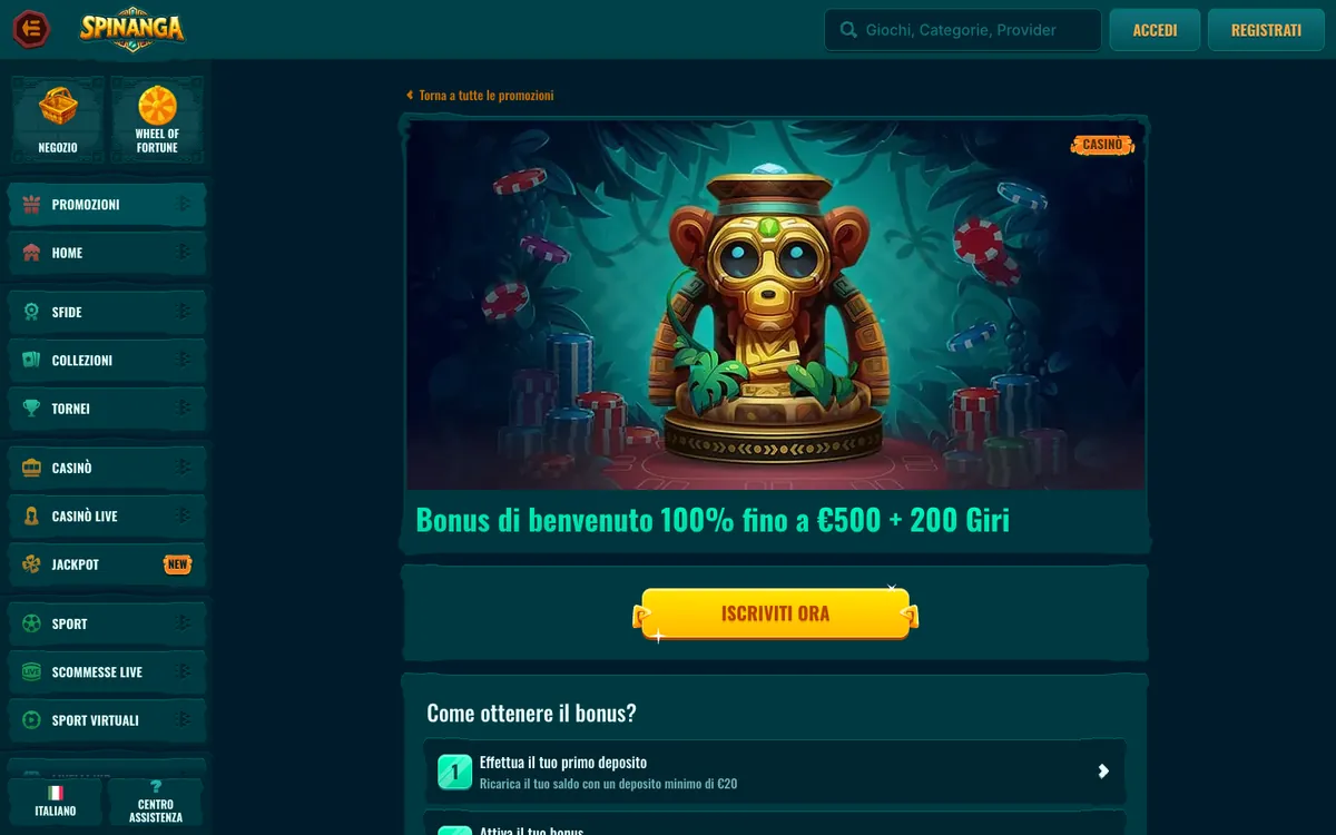 Pagina del bonus di benvenuto casinò di Spinanga, 100% fino a 500 euro più 200 giri